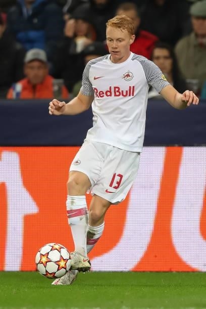 Nicolas Seiwald of FC Red Bull Salzburg in action during the UEFA Champions League group G match between FC Red Bull Salzburg and Lille OSC at...