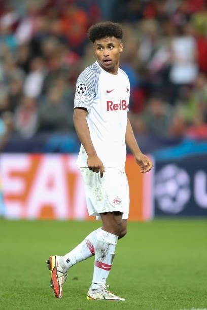 Karim Adeyemi of FC Red Bull Salzburg reacts during the UEFA Champions League group G match between FC Red Bull Salzburg and Lille OSC at Stadion...