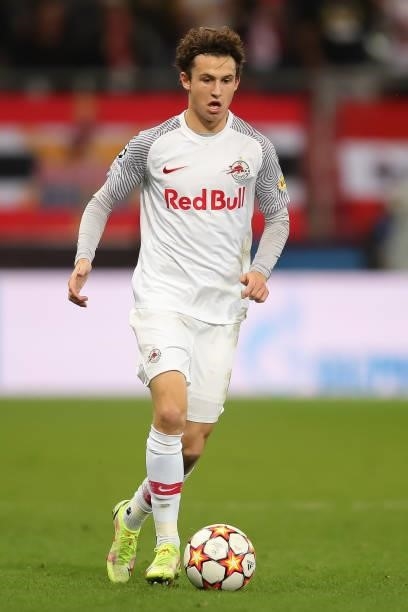 Brenden Aaronson of FC Red Bull Salzburg in action during the UEFA Champions League group G match between FC Red Bull Salzburg and Lille OSC at...