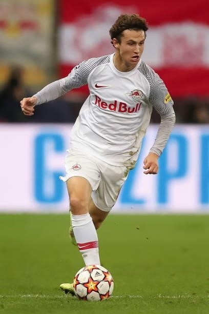 Brenden Aaronson of FC Red Bull Salzburg in action during the UEFA Champions League group G match between FC Red Bull Salzburg and Lille OSC at...