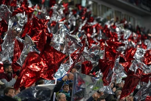 Fans are seen prio to the UEFA Champions League group G match between FC Red Bull Salzburg and Lille OSC at Stadion Salzburg on September 29, 2021 in...