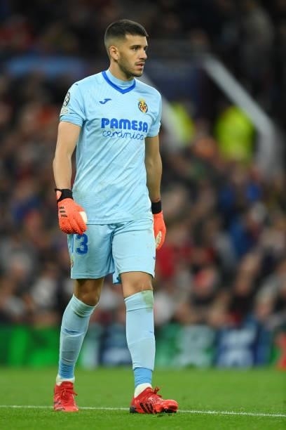 Geronimo Rulli of Villarreal looks on during the UEFA Champions League group F match between Manchester United and Villarreal CF at Old Trafford on...