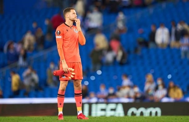 Alex Remiro of Real Sociedad looks on after the UEFA Europa League group B match between Real Sociedad and AS Monaco at Estadio Anoeta on September...