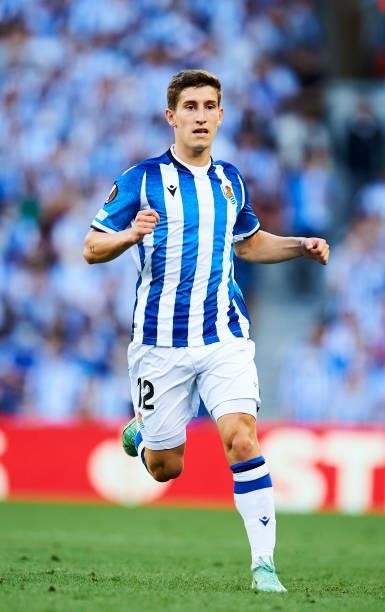 Aihen Munoz of Real Sociedad in action during the UEFA Europa League group B match between Real Sociedad and AS Monaco at Estadio Anoeta on September...