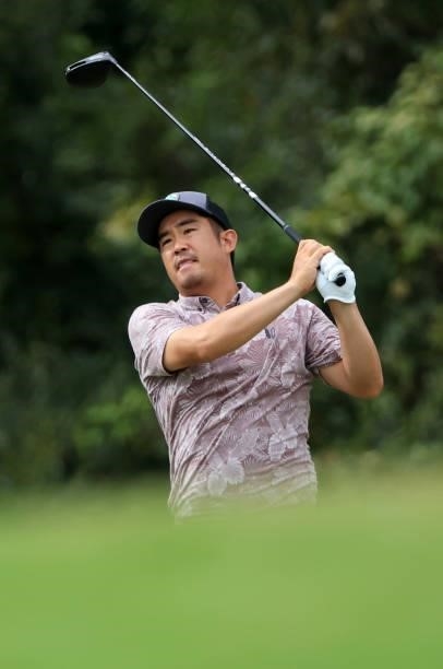 John Huh plays his shot from the third tee during round one of the Sanderson Farms Championship at Country Club of Jackson on September 30, 2021 in...