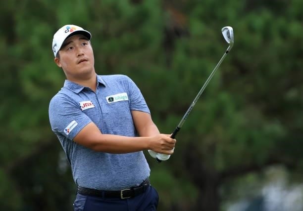 Lee of Korea plays his shot from the 13th tee during round one of the Sanderson Farms Championship at Country Club of Jackson on September 30, 2021...