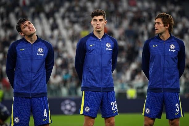 Andreas Christensen of Chelsea Kai Havertz of Chelsea and Marcos Alonso of Chelsea during the UEFA Champions League group H match between Juventus...