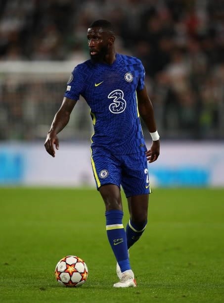 Antonio Rudiger of Chelsea in action during the UEFA Champions League group H match between Juventus and Chelsea FC at on September 29, 2021 in...