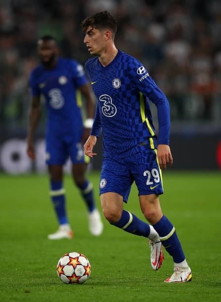 Kai Havertz of Chelsea in action during the UEFA Champions League group H match between Juventus and Chelsea FC at on September 29, 2021 in Turin,...