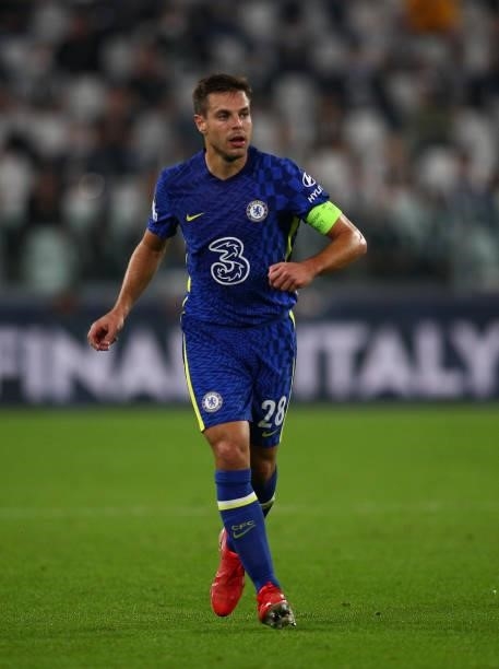 Cesar Azpilicueta of Chelsea in action during the UEFA Champions League group H match between Juventus and Chelsea FC at on September 29, 2021 in...