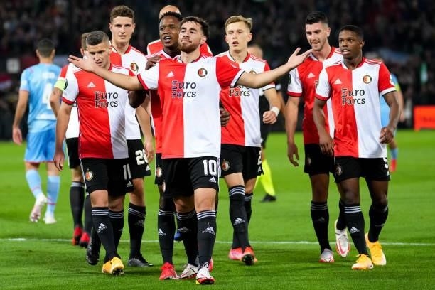 Orkun Kokcu of Feyenoord celebrates after scoring his sides first goal during the UEFA Conference League Group Stage match between Feyenoord and...
