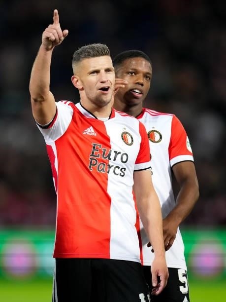 Bryan Linssen of Feyenoord celebrate his sides win during the UEFA Conference League Group Stage match between Feyenoord and Slavia Prague at Stadion...