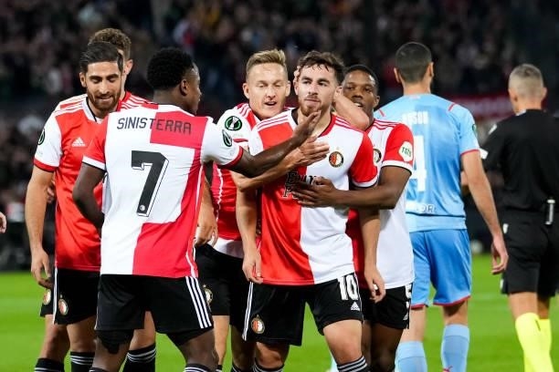 Orkun Kokcu of Feyenoord celebrates with his team mates after scoring his sides first goal during the UEFA Conference League Group Stage match...