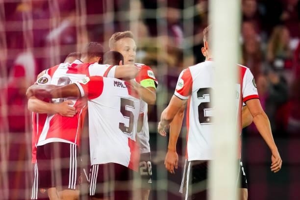Bryan Linssen of Feyenoord celebrates after scoring his sides second goal with his team mates during the UEFA Conference League Group Stage match...