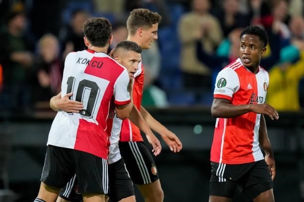 Bryan Linssen of Feyenoord celebrates after scoring his sides second goal with Orkun Kokcu of Feyenoord during the UEFA Conference League Group Stage...