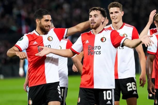 Orkun Kokcu of Feyenoord celebrates after scoring his sides first goal during the UEFA Conference League Group Stage match between Feyenoord and...