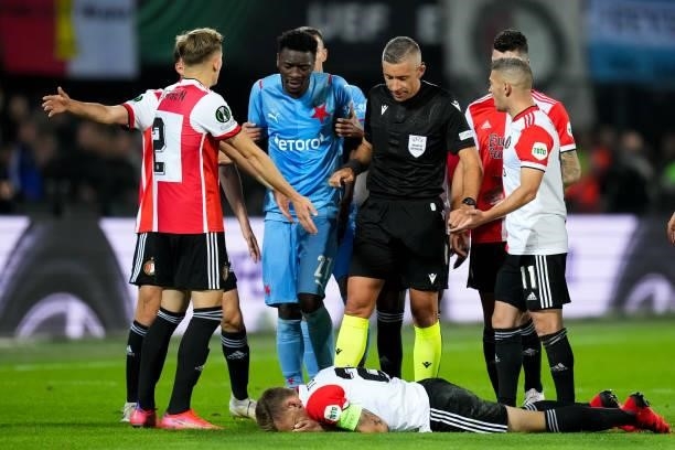 Jens Toornsta of Feyenoord lies on the ground during the UEFA Conference League Group Stage match between Feyenoord and Slavia Prague at Stadion...
