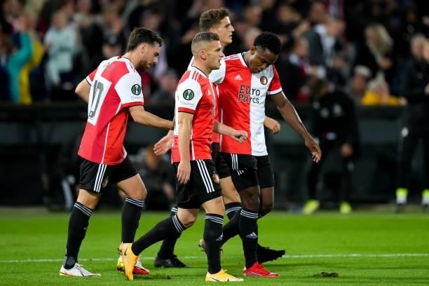Bryan Linssen of Feyenoord just scored his sides second goal during the UEFA Conference League Group Stage match between Feyenoord and Slavia Prague...