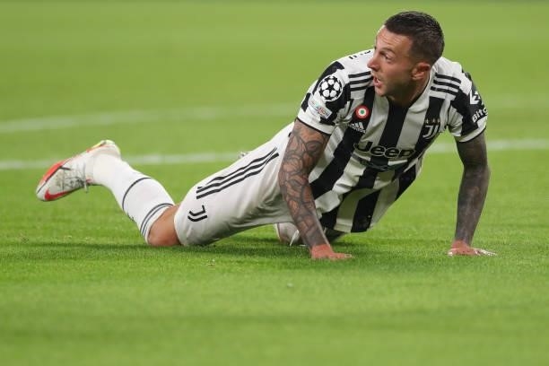 Federico Bernardeschi of Juventus reacts after crashing to the ground during the UEFA Champions League group H match between Juventus and Chelsea FC...