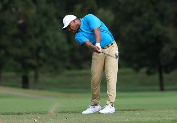 Harold Varner III plays his shot on the seventh hole during round one of the Sanderson Farms Championship at Country Club of Jackson on September 30,...