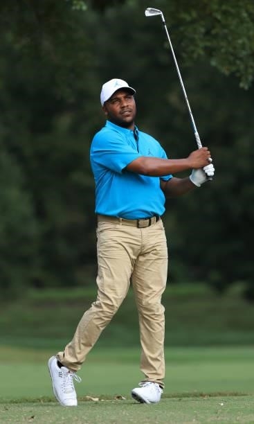 Harold Varner III plays his shot on the seventh hole during round one of the Sanderson Farms Championship at Country Club of Jackson on September 30,...