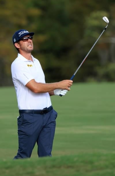 Lanto Griffin plays a shot on the 16th hole during round one of the Sanderson Farms Championship at Country Club of Jackson on September 30, 2021 in...