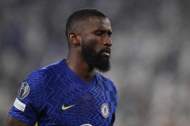 Antonio Rudiger of Chelsea FC reacts during the UEFA Champions League group H match between Juventus and Chelsea FC at on September 29, 2021 in...