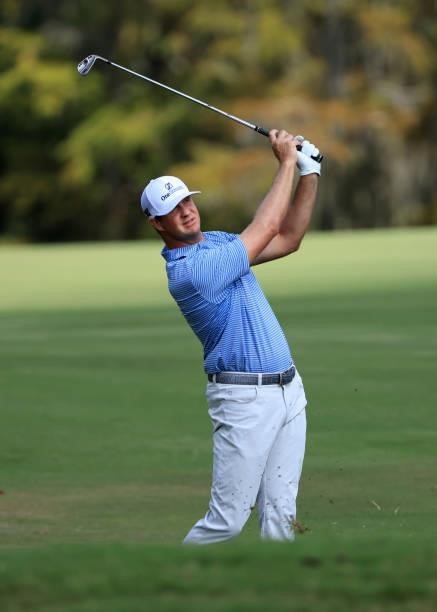 Hudson Swafford plays a shot on the 16th hole during round one of the Sanderson Farms Championship at Country Club of Jackson on September 30, 2021...