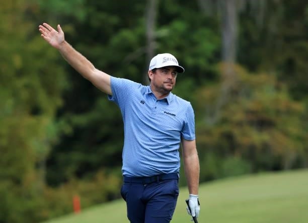 Keegan Bradley reacts to his shot on the eighth hole during round one of the Sanderson Farms Championship at Country Club of Jackson on September 30,...