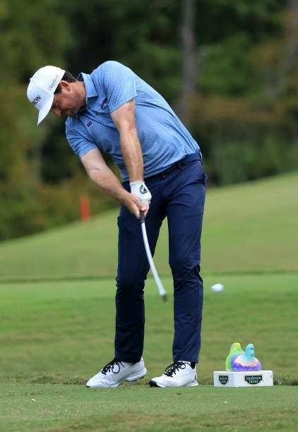 Keegan Bradley plays his shot from the eighth tee during round one of the Sanderson Farms Championship at Country Club of Jackson on September 30,...