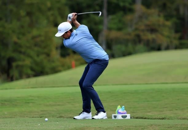 Keegan Bradley plays his shot from the eighth tee during round one of the Sanderson Farms Championship at Country Club of Jackson on September 30,...