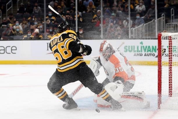 Martin Jones of the Philadelphia Flyers saves a shot on goal from Erik Haula of the Boston Bruins during the first period of the preseason game at TD...