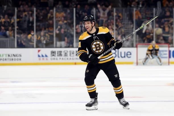 Taylor Hall of the Boston Bruins celebrates after Brandon Carlo scored a goal against the Philadelphia Flyers during the first period of the...