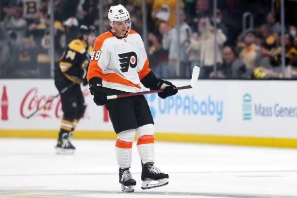 Morgan Frost of the Philadelphia Flyers reacts after Jake DeBrusk of the Boston Bruins scored a goal during the second period of the preseason game...