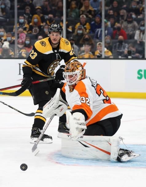 Felix Sandstrom of the Philadelphia Flyers tends net against Jack Studnicka of the Boston Bruins during the third period of the preseason game at TD...