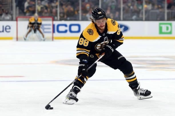 David Pastrnak of the Boston Bruins skates against the Philadelphia Flyers during the first period of the preseason game at TD Garden on September...