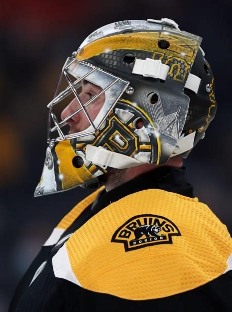 Jeremy Swayman of the Boston Bruins looks on during the second period of the preseason game at TD Garden on September 30, 2021 in Boston,...
