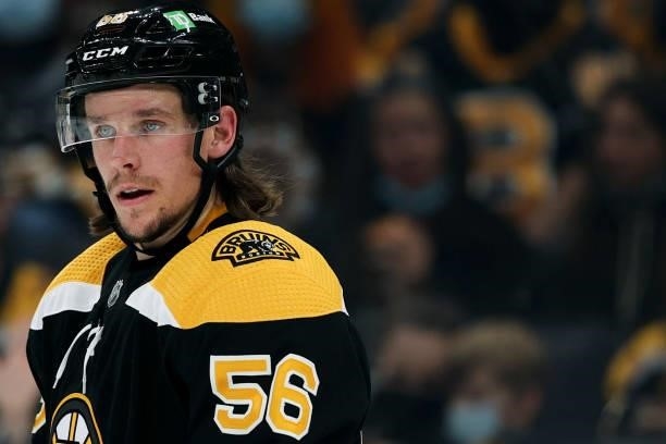 Erik Haula of the Boston Bruins looks on during the first period of the preseason game against the Philadelphia Flyers at TD Garden on September 30,...