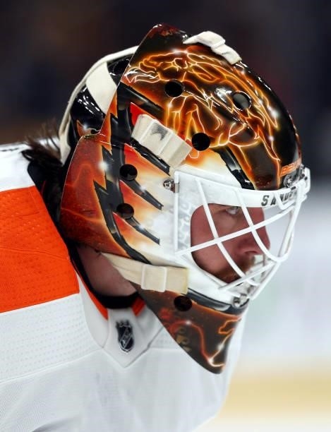 View of the mask of Felix Sandstrom of the Philadelphia Flyers during the first period of the preseason game at TD Garden on September 30, 2021 in...
