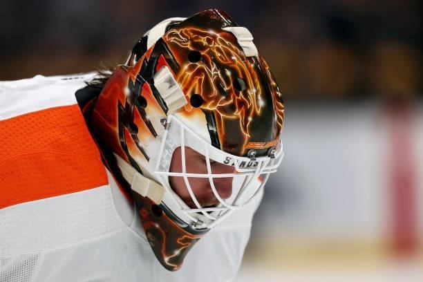 View of the mask of Felix Sandstrom of the Philadelphia Flyers during the first period of the preseason game at TD Garden on September 30, 2021 in...