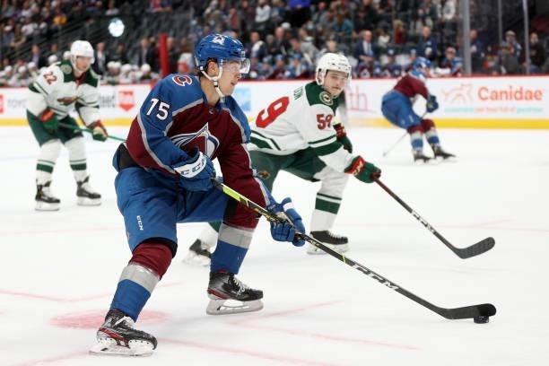 Sampo Ranta of the Colorado Avalanche advances the puck against the Minnesota Wild in the second period at Ball Arena on September 30, 2021 in...