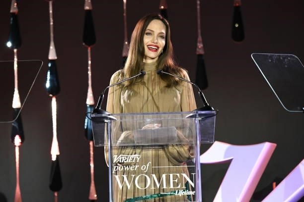 Angelina Jolie speaks onstage during Variety's Power of Women on September 30, 2021 in Los Angeles, California.