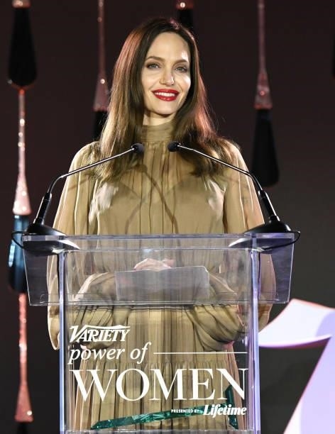 Angelina Jolie speaks onstage during Variety's Power of Women on September 30, 2021 in Los Angeles, California.