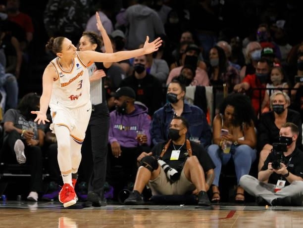 Diana Taurasi of the Phoenix Mercury reacts after hitting a 3-pointer against the Las Vegas Aces during Game Two of the 2021 WNBA Playoffs semifinals...