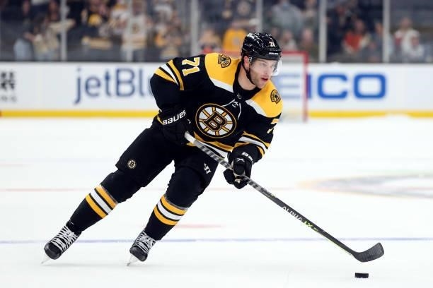Taylor Hall of the Boston Bruins skates against the Philadelphia Flyers during a practice shootout following the preseason game at TD Garden on...