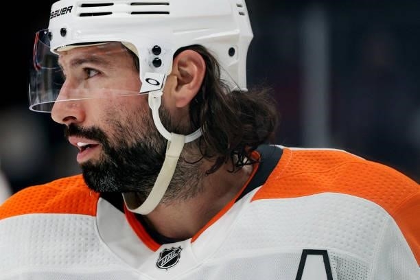Nate Thompson of the Philadelphia Flyers looks on during the first period of the preseason game at TD Garden on September 30, 2021 in Boston,...