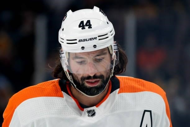 Nate Thompson of the Philadelphia Flyers looks on during the first period of the preseason game at TD Garden on September 30, 2021 in Boston,...
