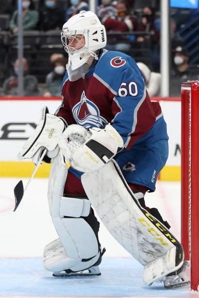 Brandon Duhaime of the Colorado Avalanche tends goal against the Minnesota Wild in the third period at Ball Arena on September 30, 2021 in Denver,...