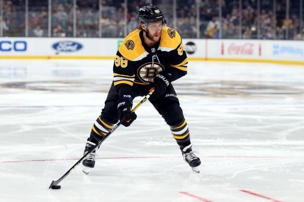 David Pastrnak of the Boston Bruins skates against the Philadelphia Flyers during the third period of the preseason game at TD Garden on September...