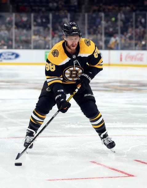 David Pastrnak of the Boston Bruins skates against the Philadelphia Flyers during the third period of the preseason game at TD Garden on September...